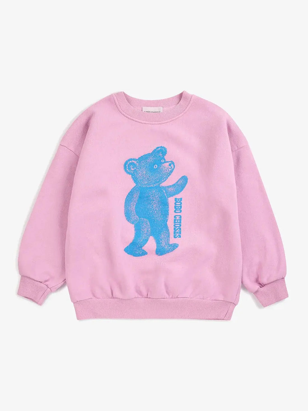 BOBO CHOSES softpaw monster sweatshirt in pink with a blue bear graphic.