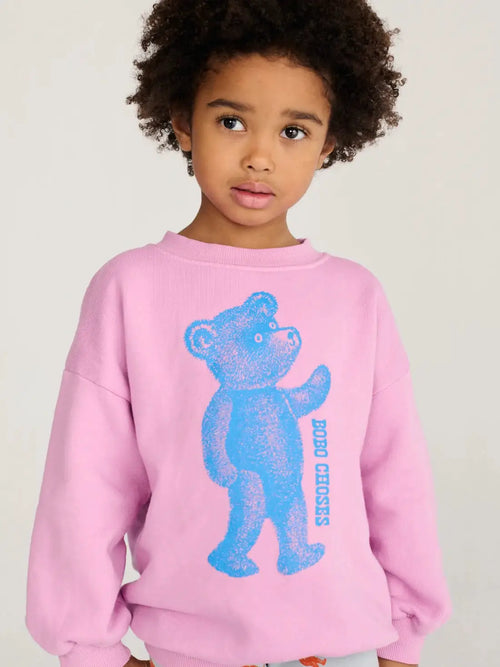 BOBO CHOSES softpaw monster sweatshirt in pink with a blue bear graphic