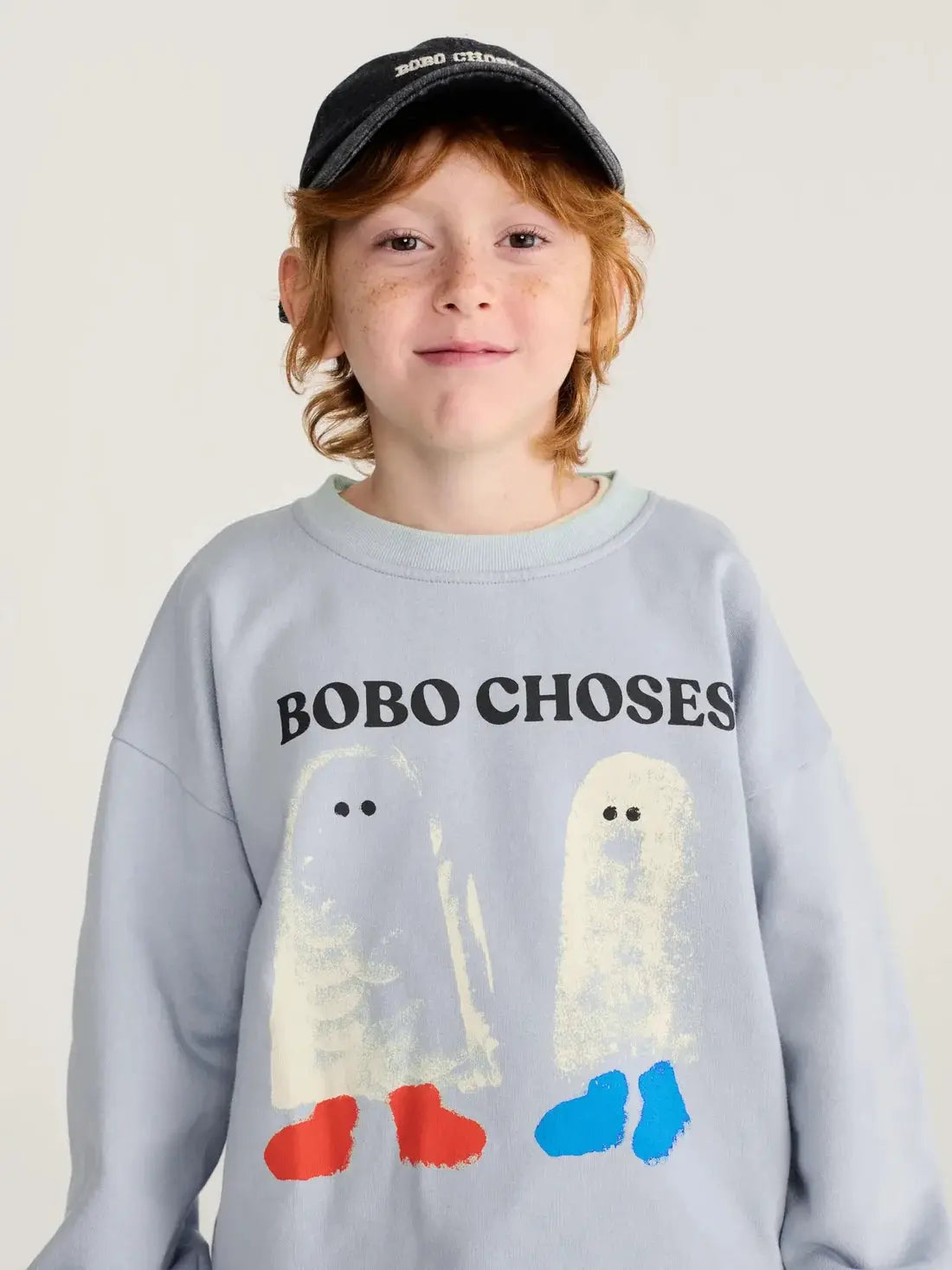 BOBO CHOSES booty ghosts sweatshirt, light grey with ghost print and red/blue accents