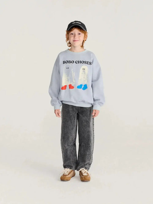 BOBO CHOSES booty ghosts sweatshirt for kids, light blue with ghost figures and red and blue feet