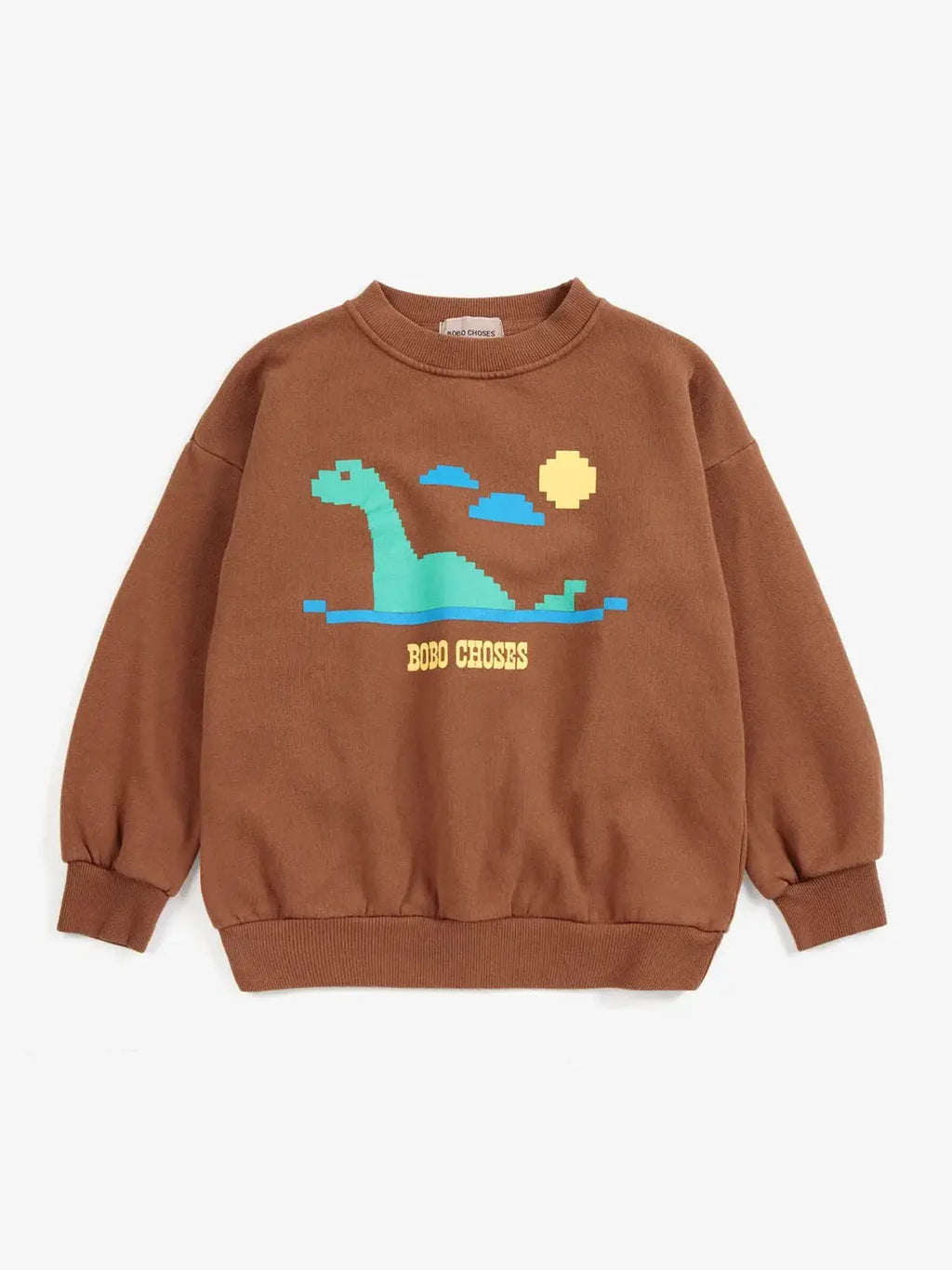 BOBO CHOSES Lake Monster sweatshirt in brown with turquoise pixel lake-monster graphic and sun.