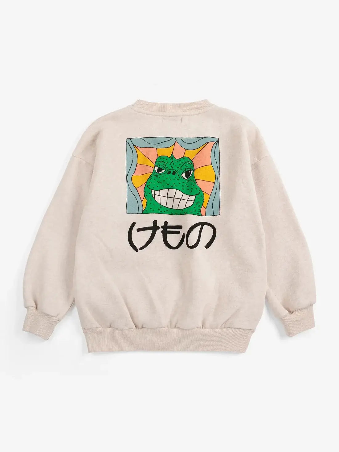 BOBO CHOSES beast sweatshirt, beige with back print of a green monster inside a square and orange sunburst