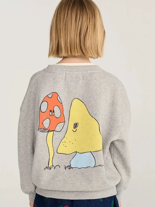 BOBO CHOSES mush monster duo sweatshirt, grey with yellow and orange mushroom graphics; Citron Grenadine
