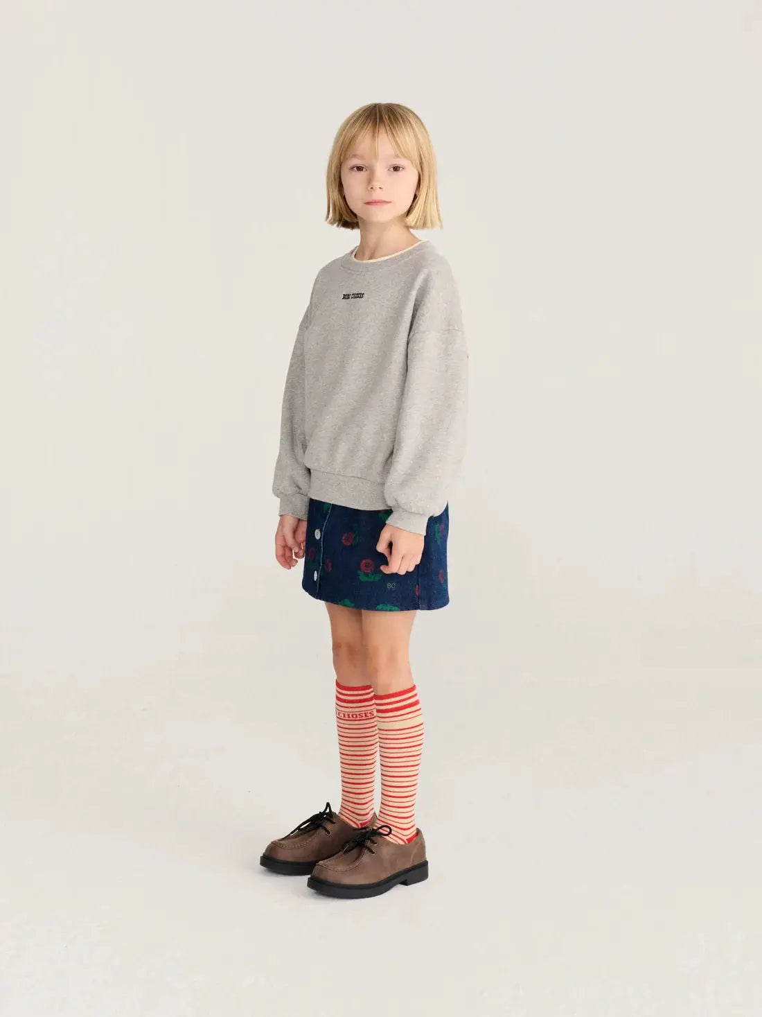 BOBO CHOSES mush monster duo sweatshirt, gray long-sleeve kids' top worn by a young girl