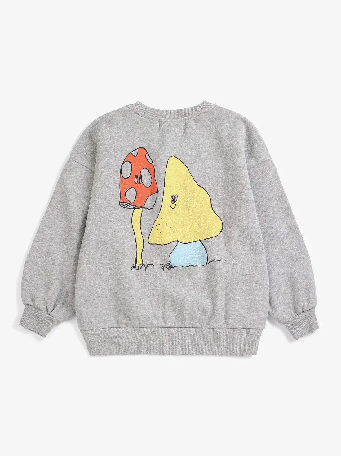 BOBO CHOSES mush monster duo sweatshirt, heather gray with red and yellow mushroom graphic