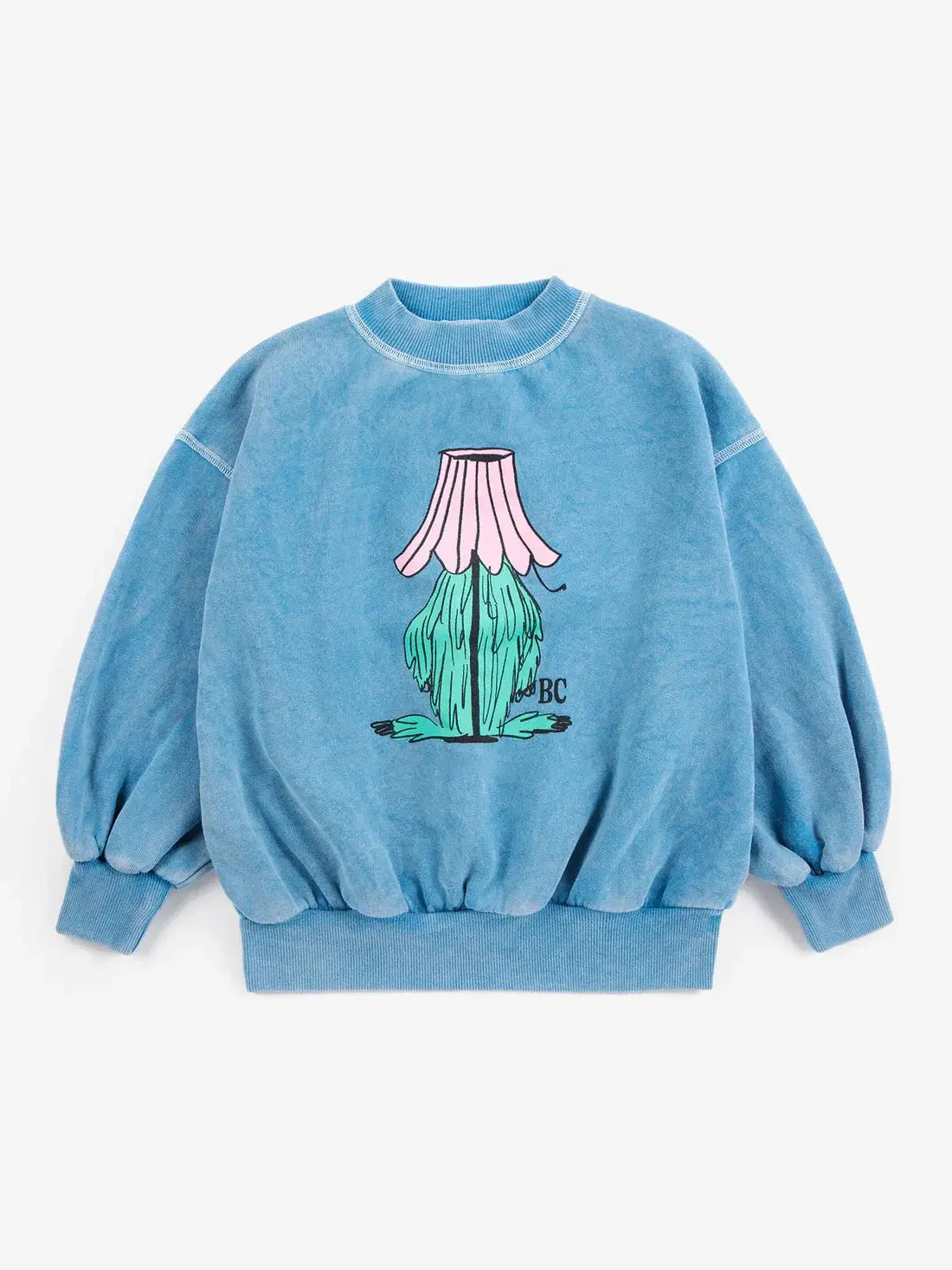 BOBO CHOSES hidden monster sweatshirt, blue oversized with pink/green monster graphic