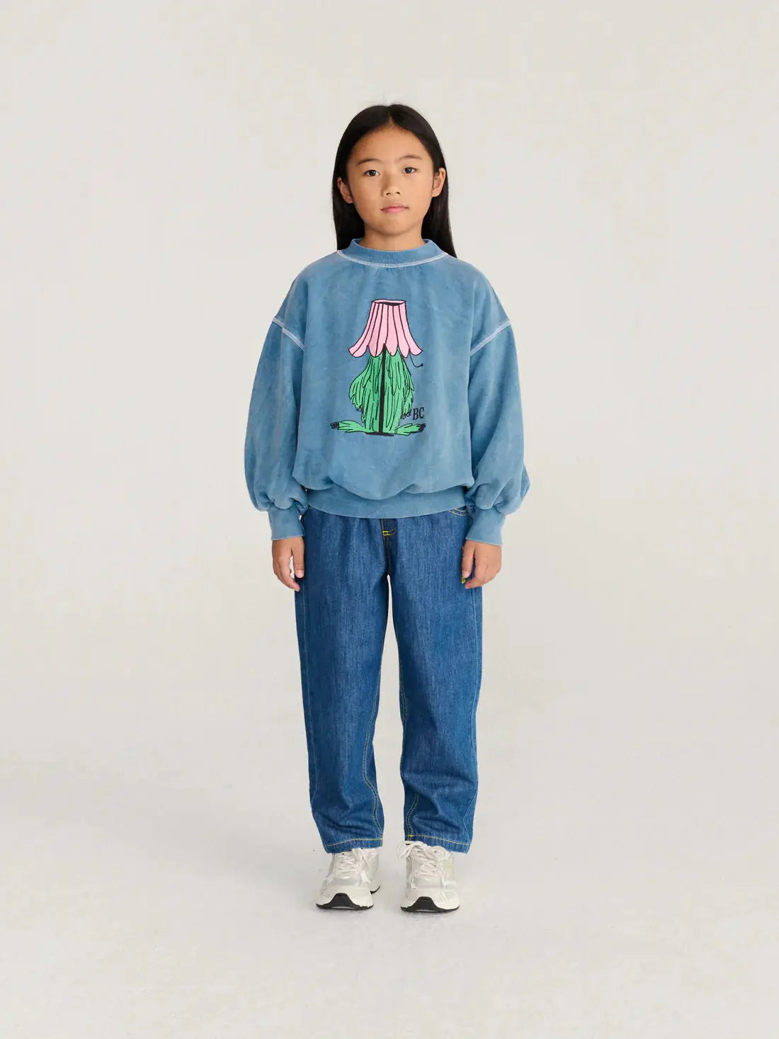 BOBO CHOSES hidden monster sweatshirt, blue washed cotton with pink cactus graphic
