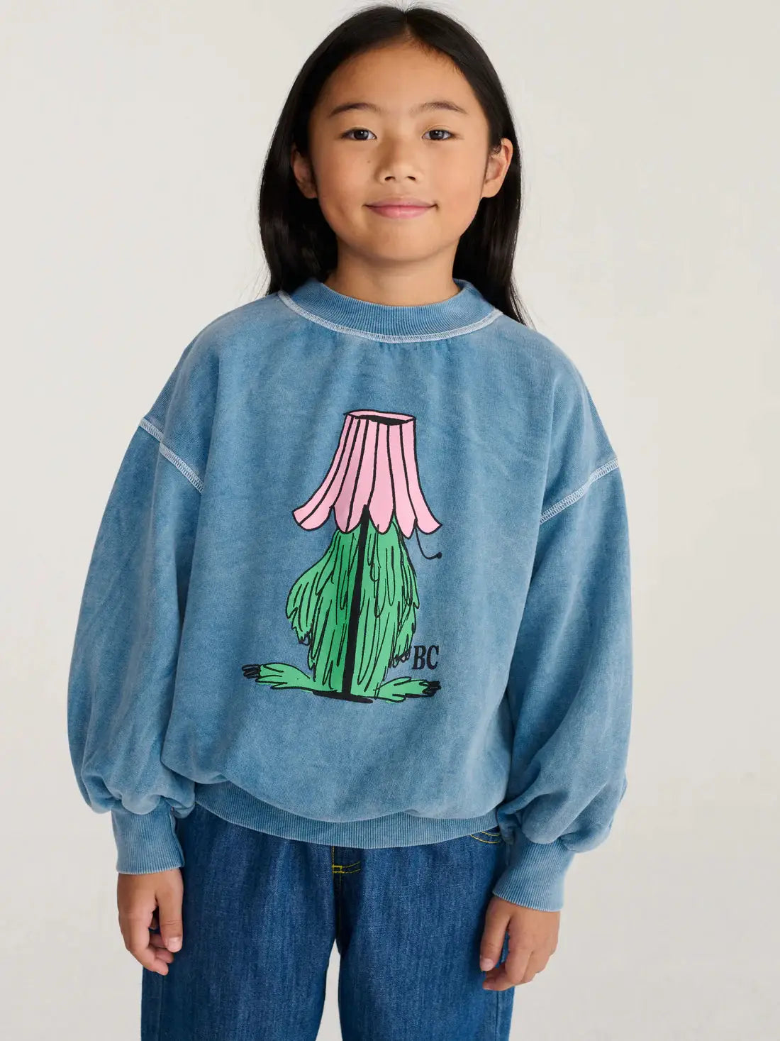 Bobo Choses hidden monster sweatshirt for kids, blue with pink and green graphic monster