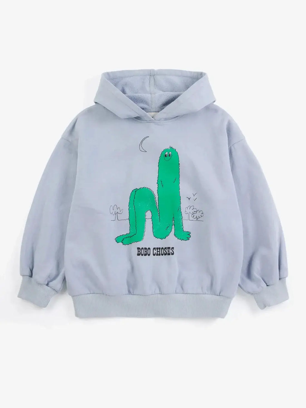 BOBO CHOSES long puff hoodie sweatshirt, light blue with green cartoon figure graphic and BOBO CHOSES logo