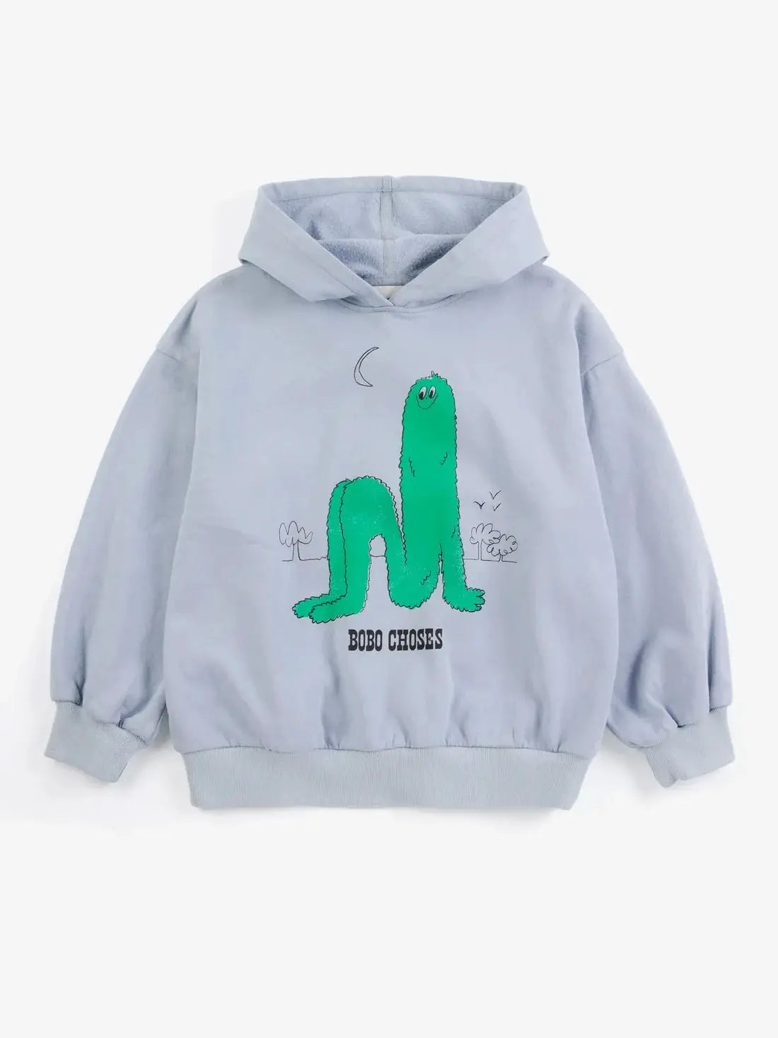 BOBO CHOSES long puff hoodie sweatshirt, light blue with green cartoon figure graphic and BOBO CHOSES logo