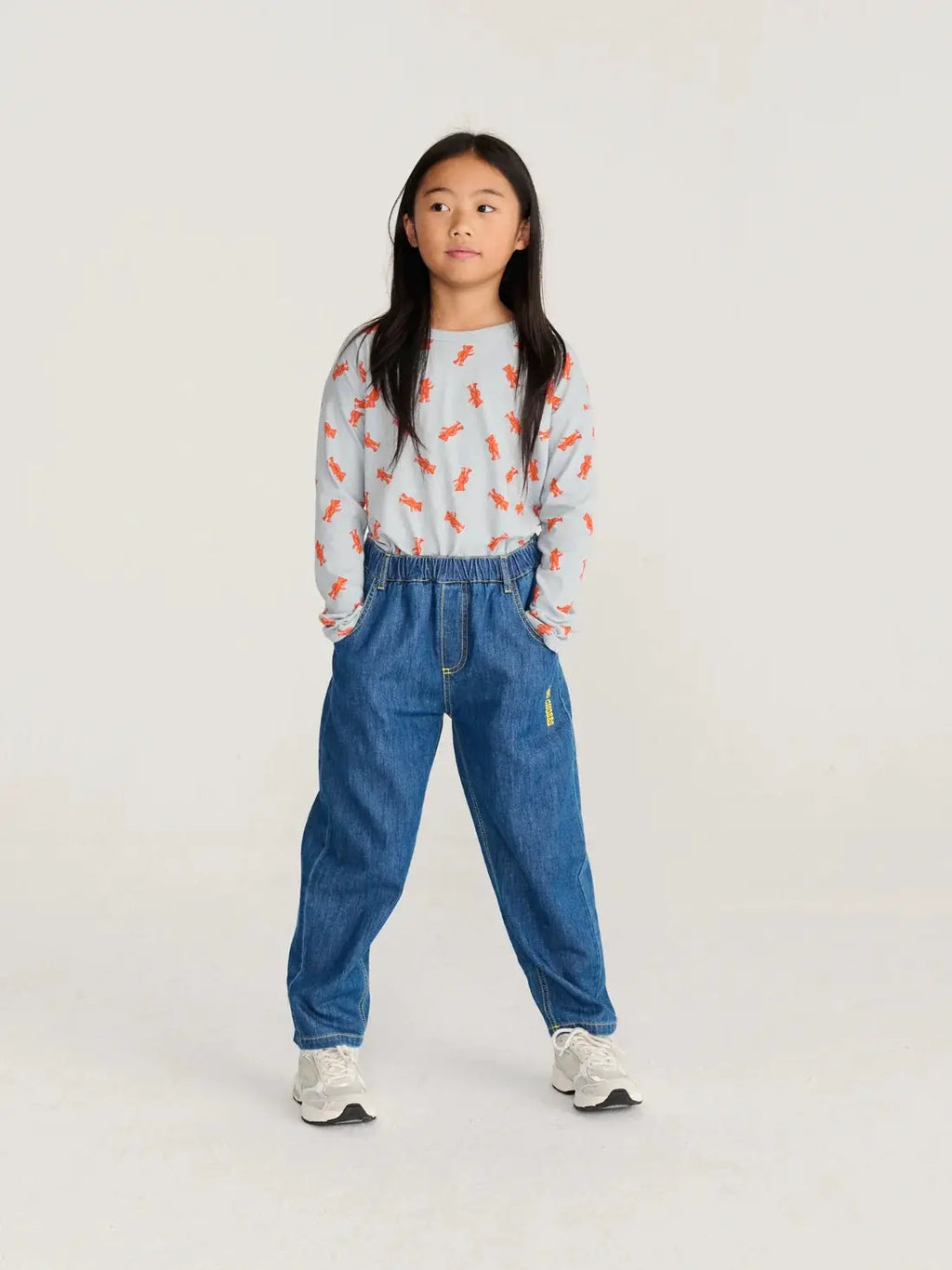 BOBO CHOSES taxi saurus tag denim pantalon, kids' blue denim jeans by Citron Grenadine with elastic waist