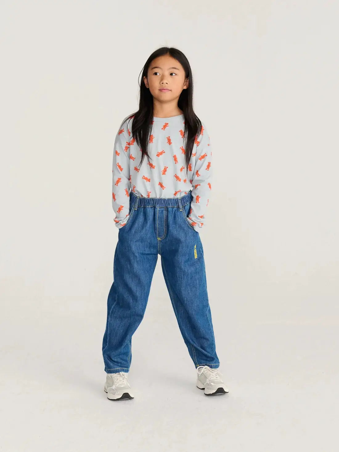BOBO CHOSES taxi saurus tag denim pantalon, kids' blue denim jeans by Citron Grenadine with elastic waist