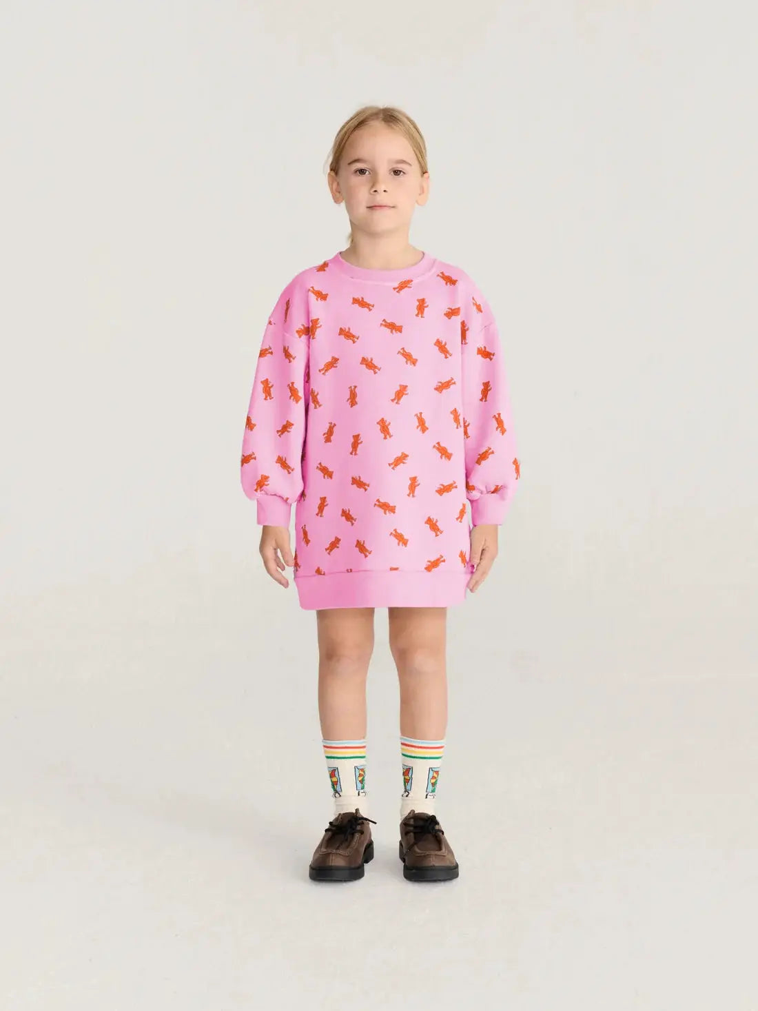 BOBO CHOSES softpaw monster all-over robe sweatshirt for kids, pink with orange monster prints