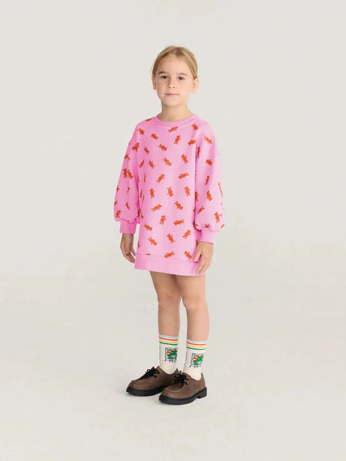 BOBO CHOSES softpaw monster robe sweatshirt, pink with orange allover monster print for kids