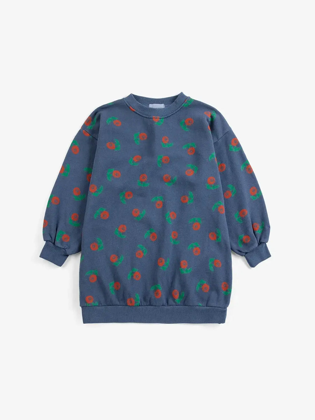 BOBO CHOSES Stamp Bloom sweatshirt, blue with red circular flowers and green leaves, all-over print
