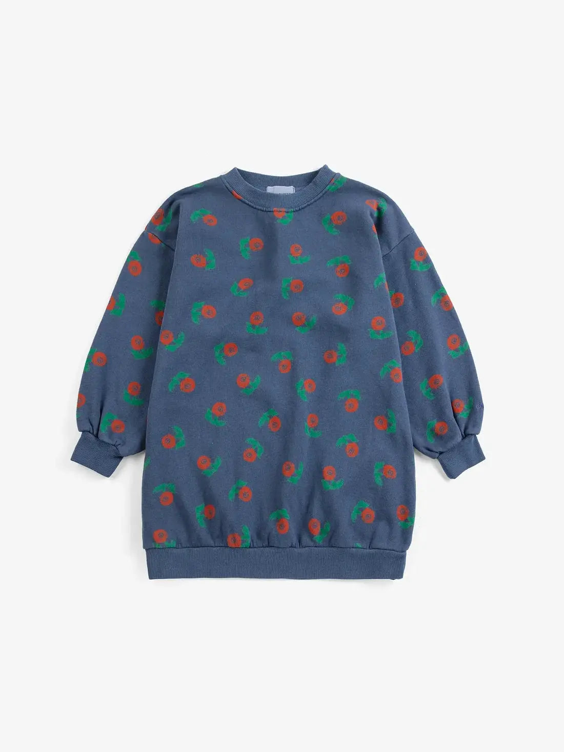 BOBO CHOSES Stamp Bloom sweatshirt, blue with red circular flowers and green leaves, all-over print