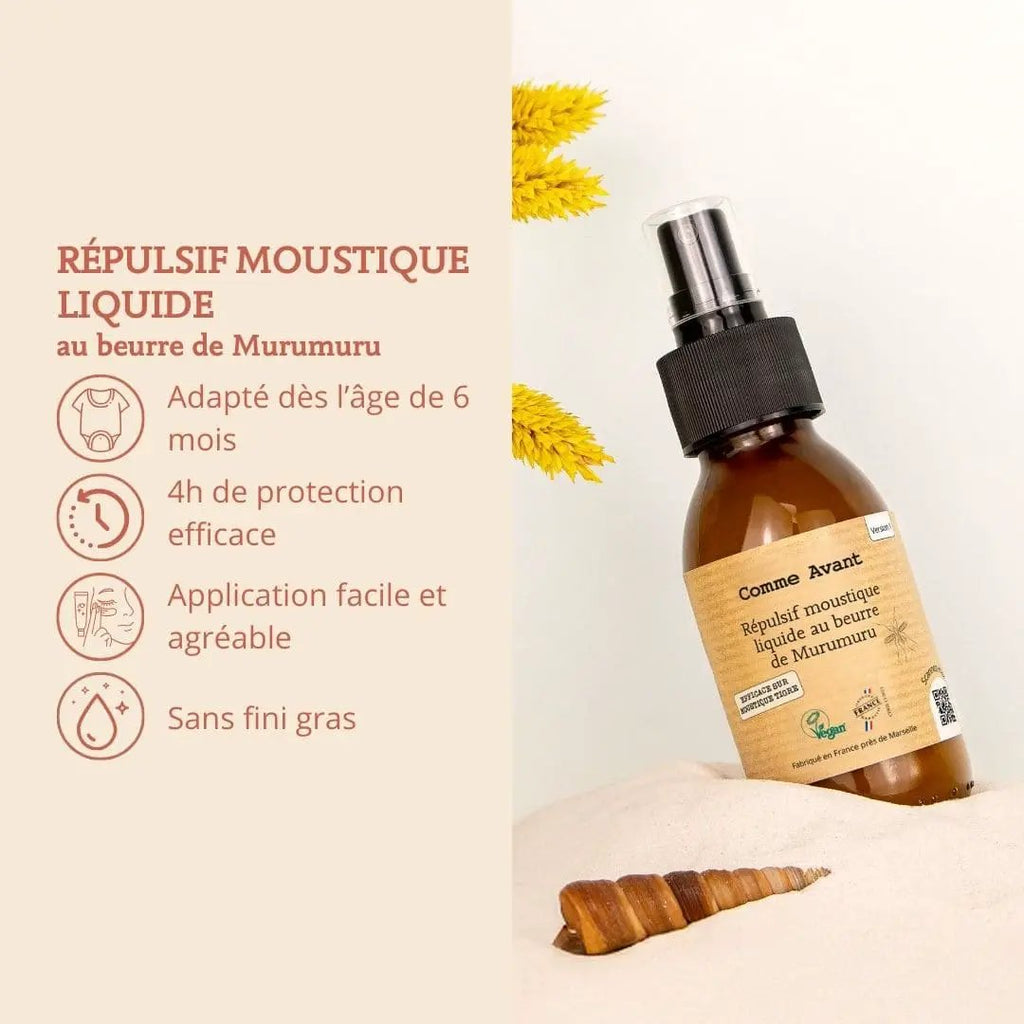 Répulsif moustique liquide au beurre de Murumuru – bouteille en verre brun avec spray noir