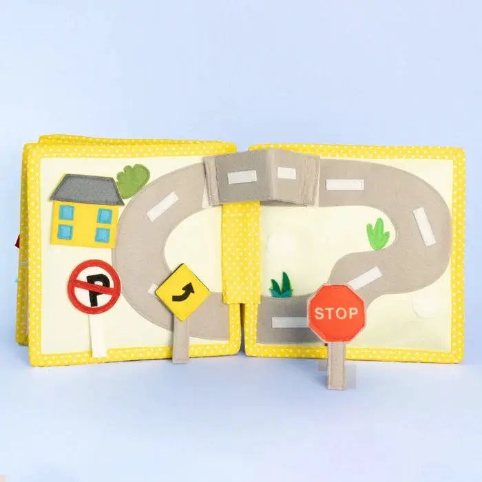 JOLLY DESIGNS livre d'éveil my first digger, feutrine jaune à pois, route et panneaux, Citron Grenadine