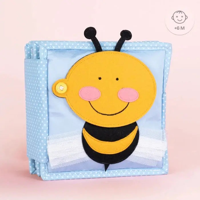 Livre d'éveil pour bébé JOLLY DESIGNS little bee par Citron Grenadine; couverture bleu clair avec abeille appliquée