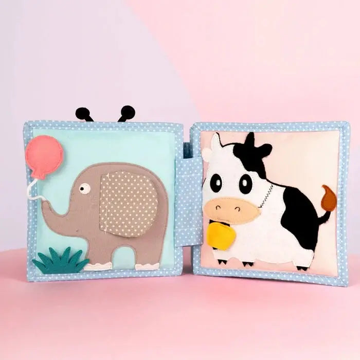 JOLLY DESIGNS livre d'éveil pour bébé, deux pages en feutrine avec éléphant et vache, couverture bleu à pois