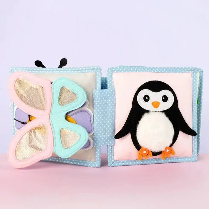 Livre d'éveil bébé JOLLY DESIGNS par Citron Grenadine, pages tissu bleu à pois, papillon et pingouin