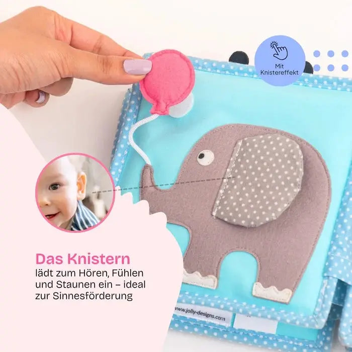 JOLLY DESIGNS livre d'éveil little bee pour bébé bleu pastel avec éléphant en feutre gris et effet craquant