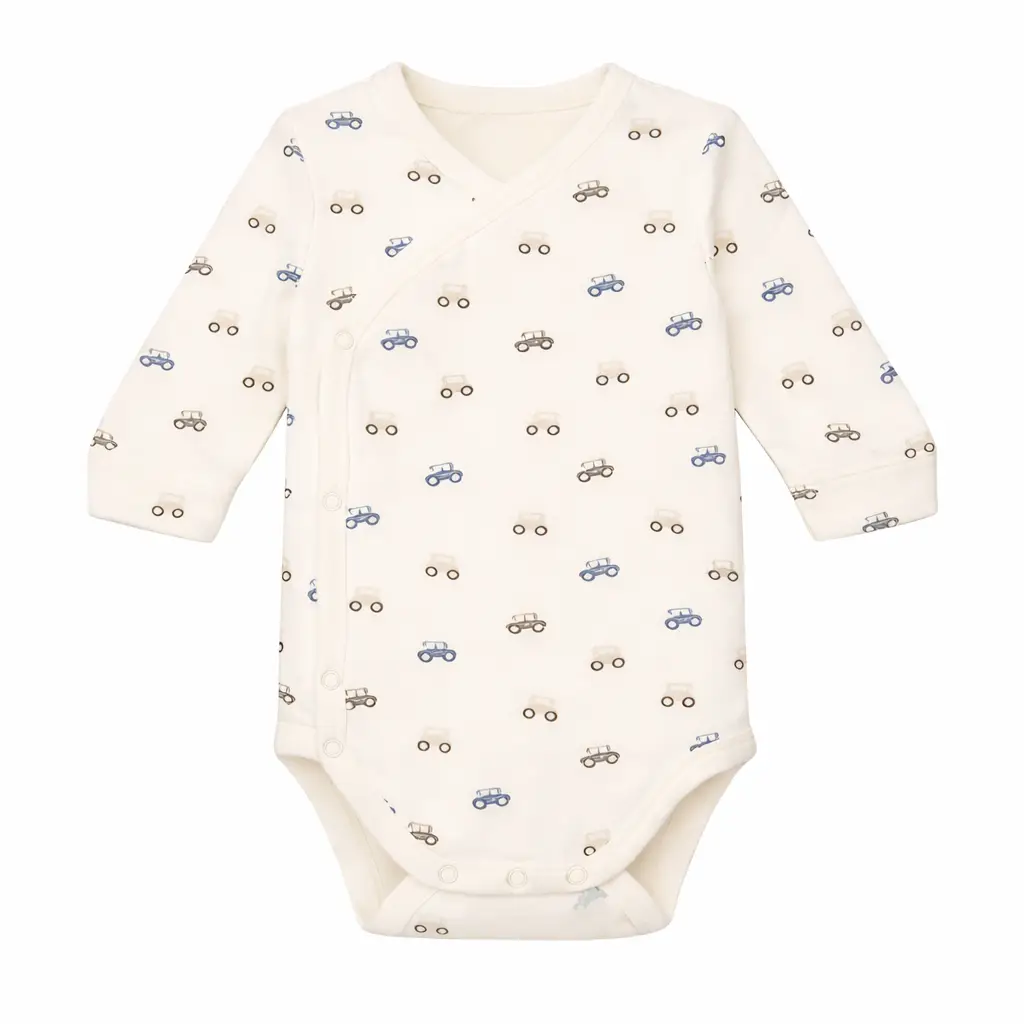Citron Grenadine MORE THAN BABIES baby body with car print, cream with blue/brown cars, long sleeves