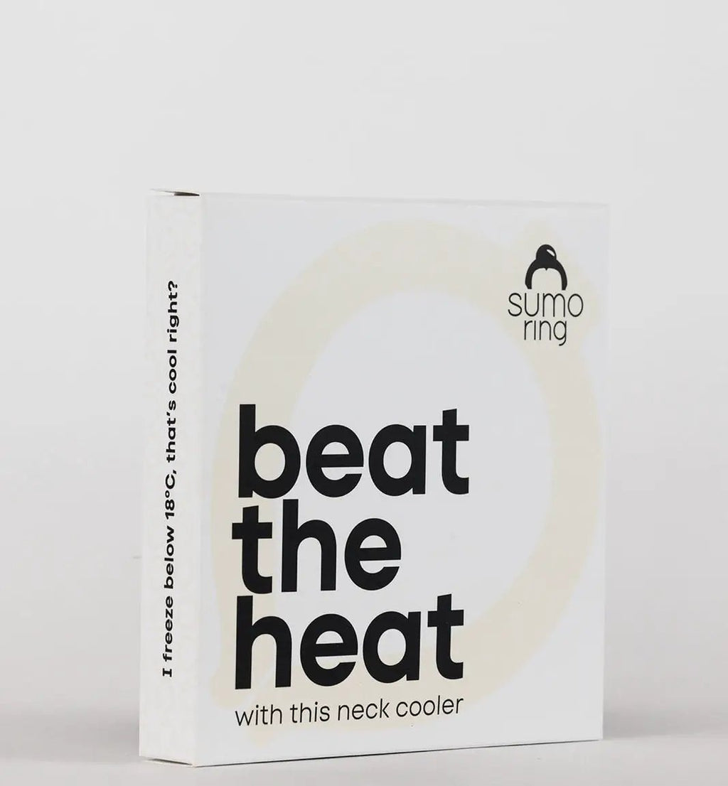 Sumo Ring neck cooler packaging with beat the heat slogan on a white box and beige ring graphic