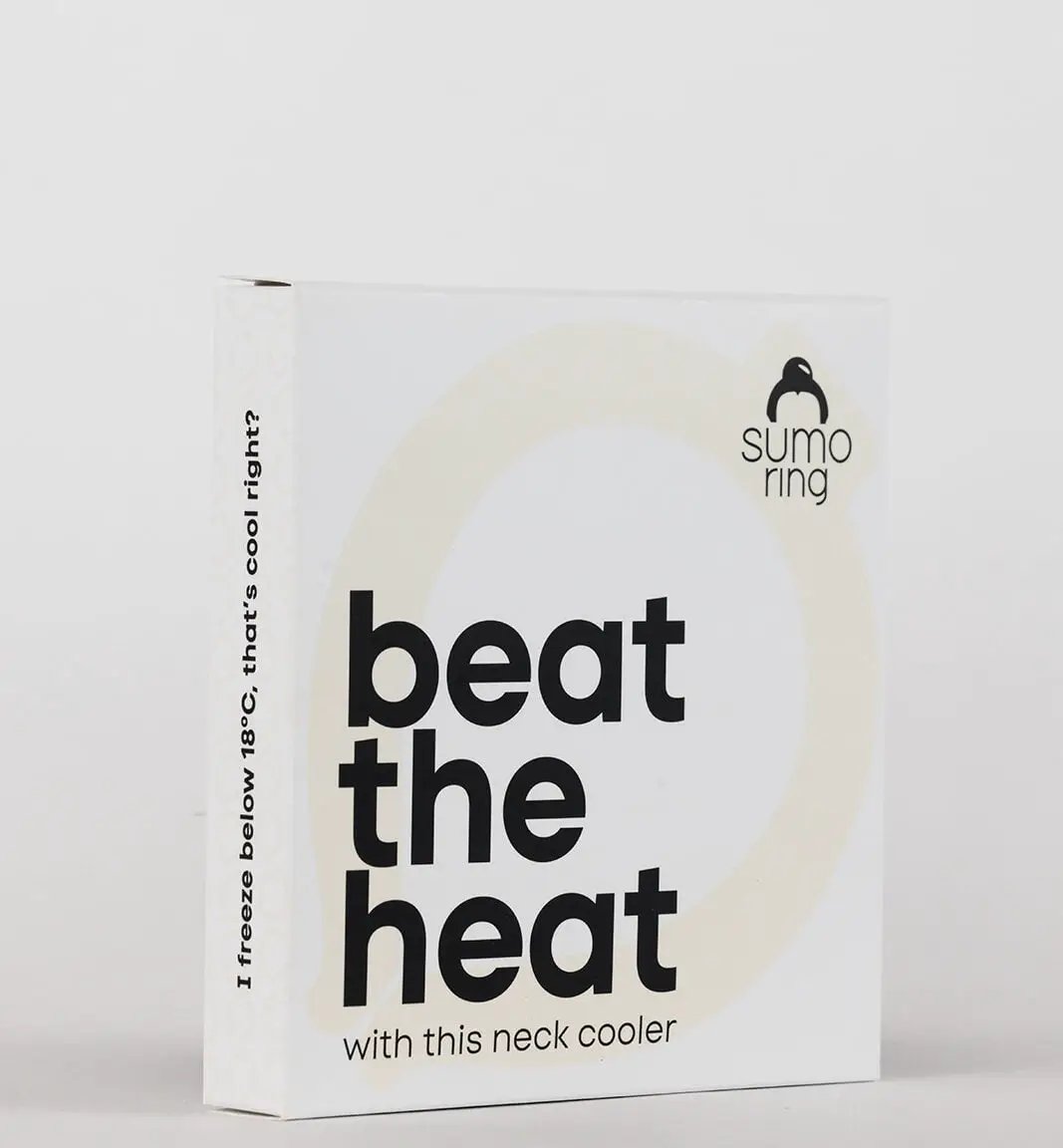 Sumo Ring neck cooler packaging with beat the heat slogan on a white box and beige ring graphic