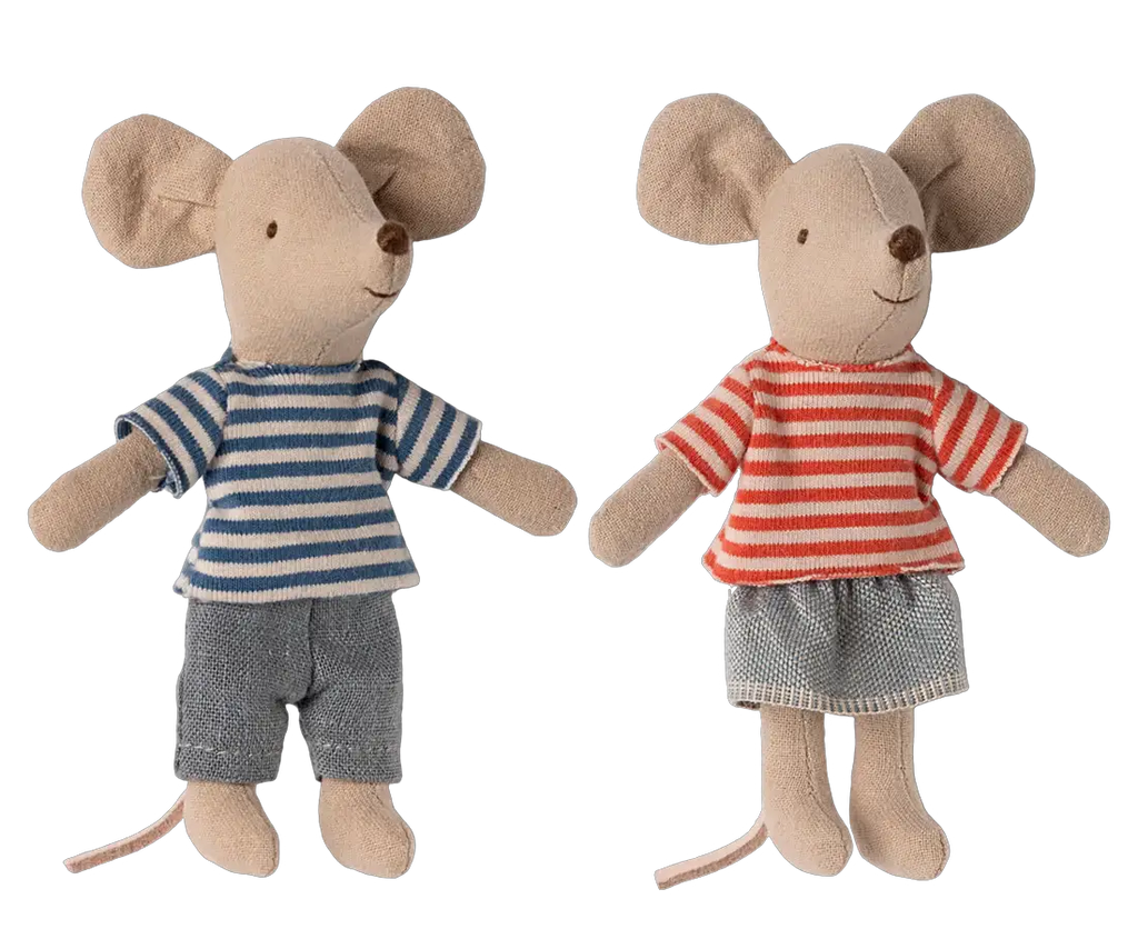 2 souris Maileg - LouiMax & Stella, poupées Citron Grenadine, rayures bleues et rouges, denim