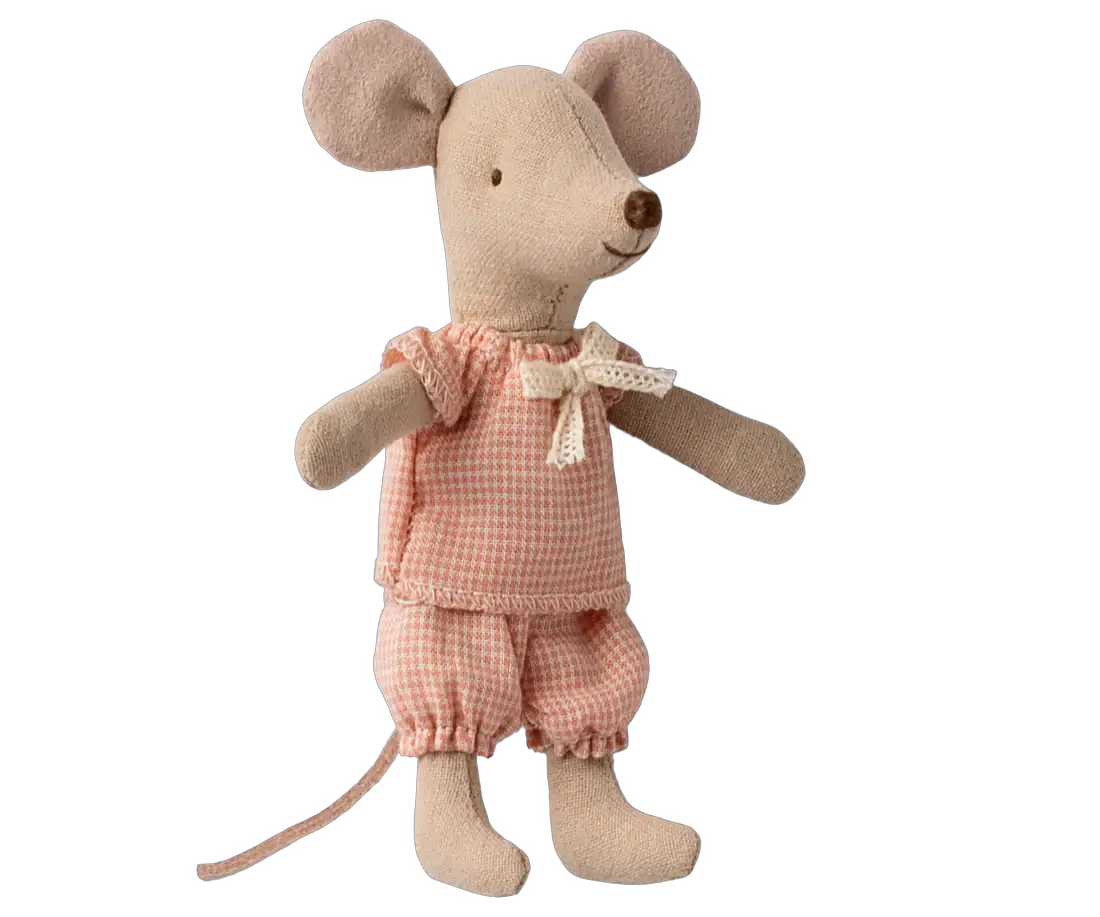 Maileg souris plush in pink gingham outfit with cream lace bow