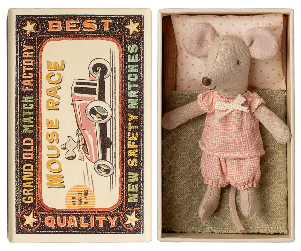 Maileg mouse doll set LouiMax & Stella in pink gingham outfit, boxed with vintage car artwork