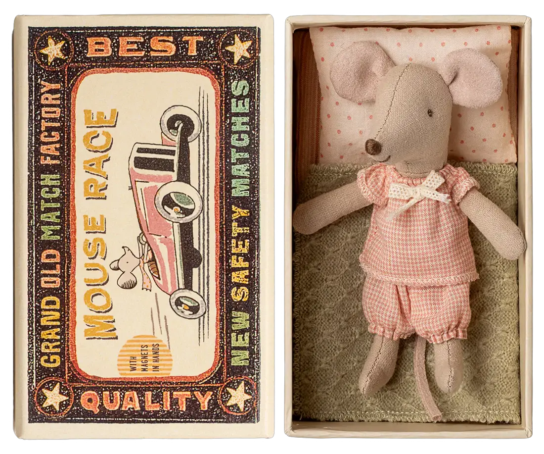 Maileg mouse doll set LouiMax & Stella in pink gingham outfit, boxed with vintage car artwork
