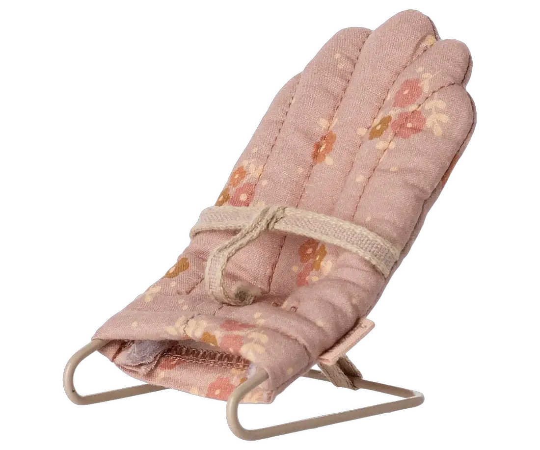 Maileg relax rose mini doll rocking chair; pink floral quilted fabric and beige metal frame
