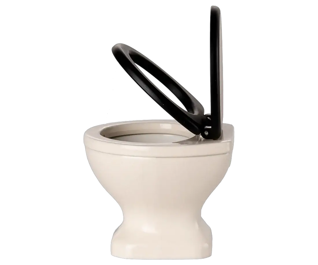 Miniature dollhouse toilet, off-white ceramic with black lid, MAILEG by Citron Grenadine.