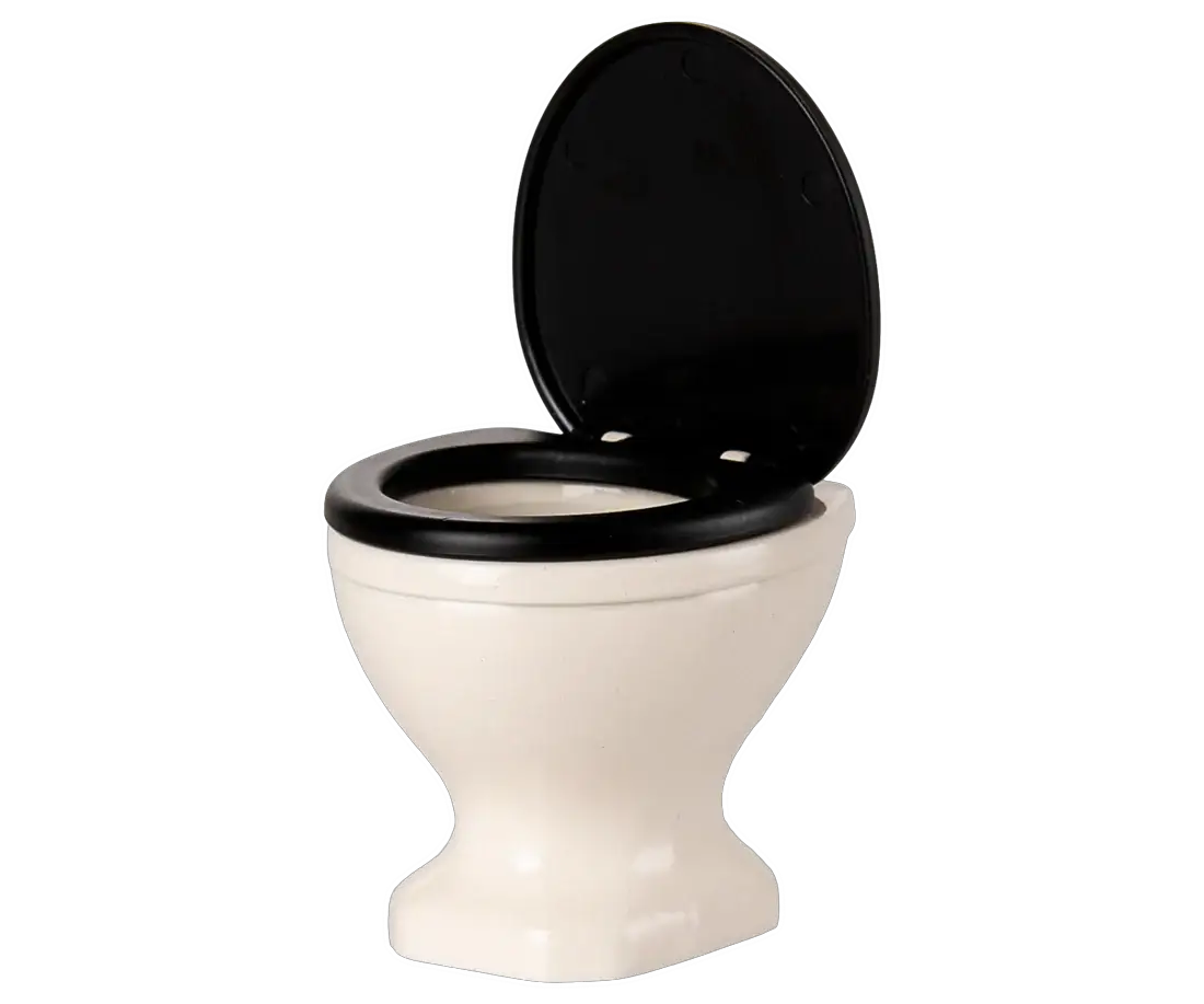 Miniature dollhouse toilet, off-white ceramic with black lid, Citron Grenadine accessory