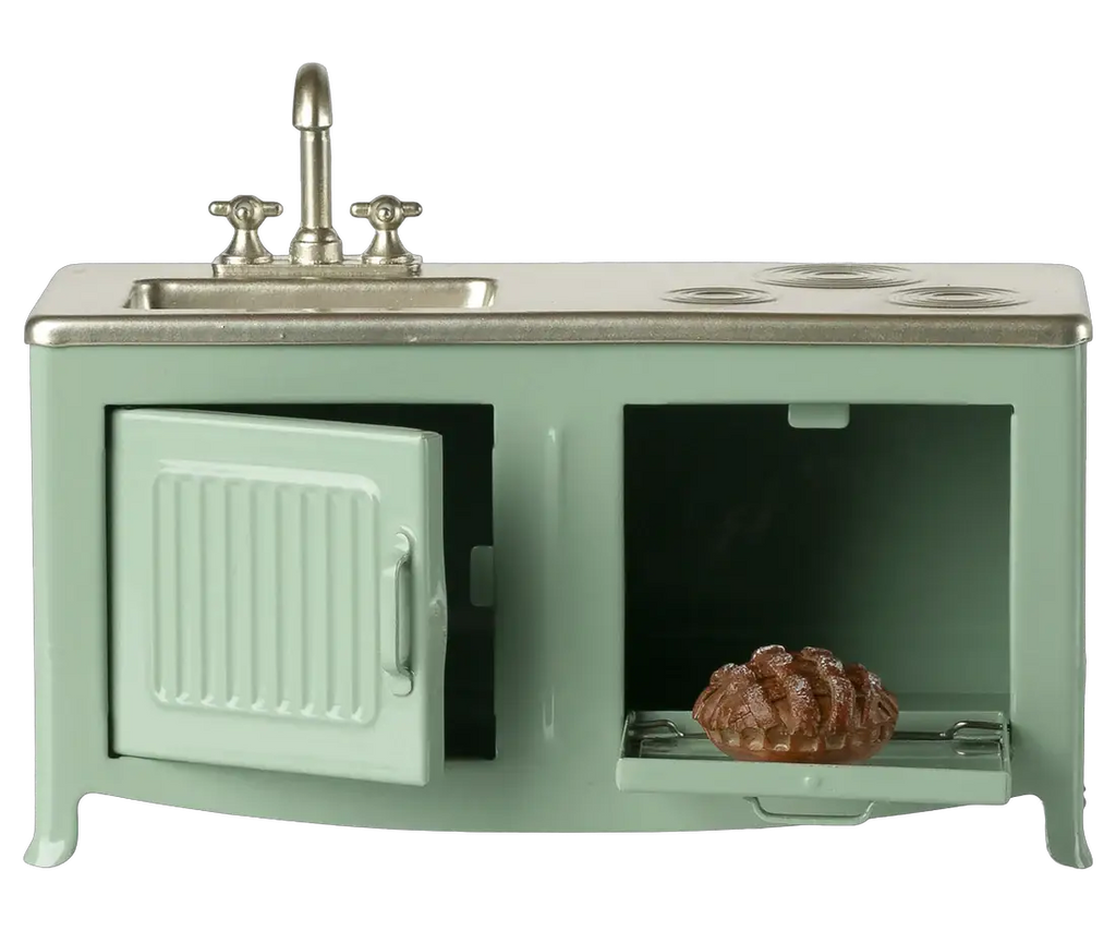 Cuisine miniature pour maison de poupées vert menthe avec four ouvert et évier, pain sur plateau