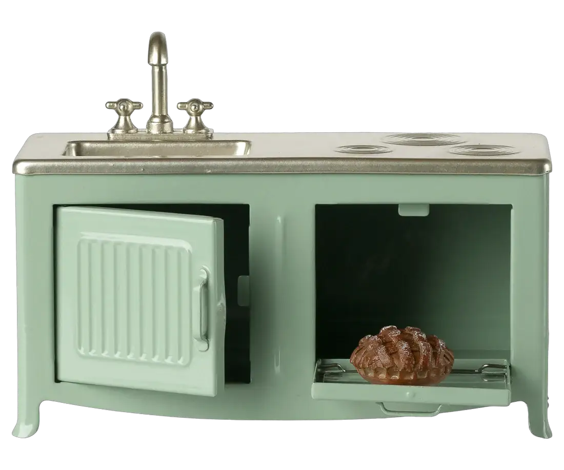 Cuisine miniature pour maison de poupées vert menthe avec four ouvert et évier, pain sur plateau