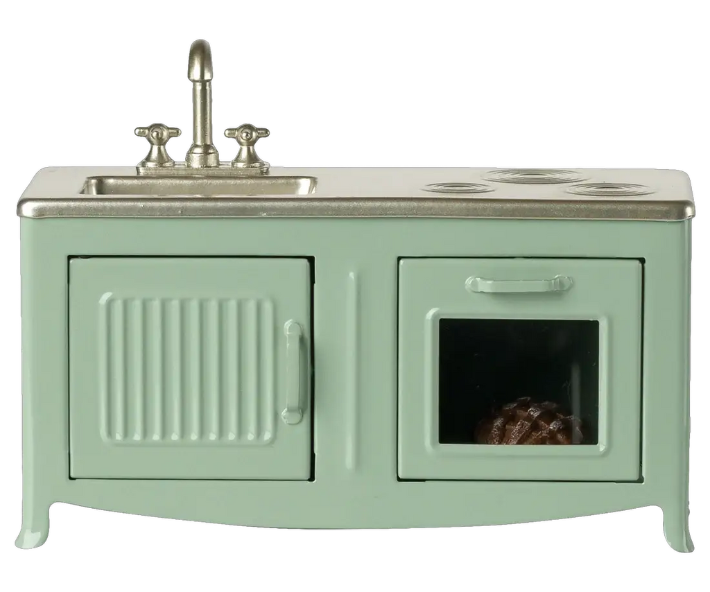 Dollhouse kitchen unit in mint green by Citron Grenadine with sink and stove