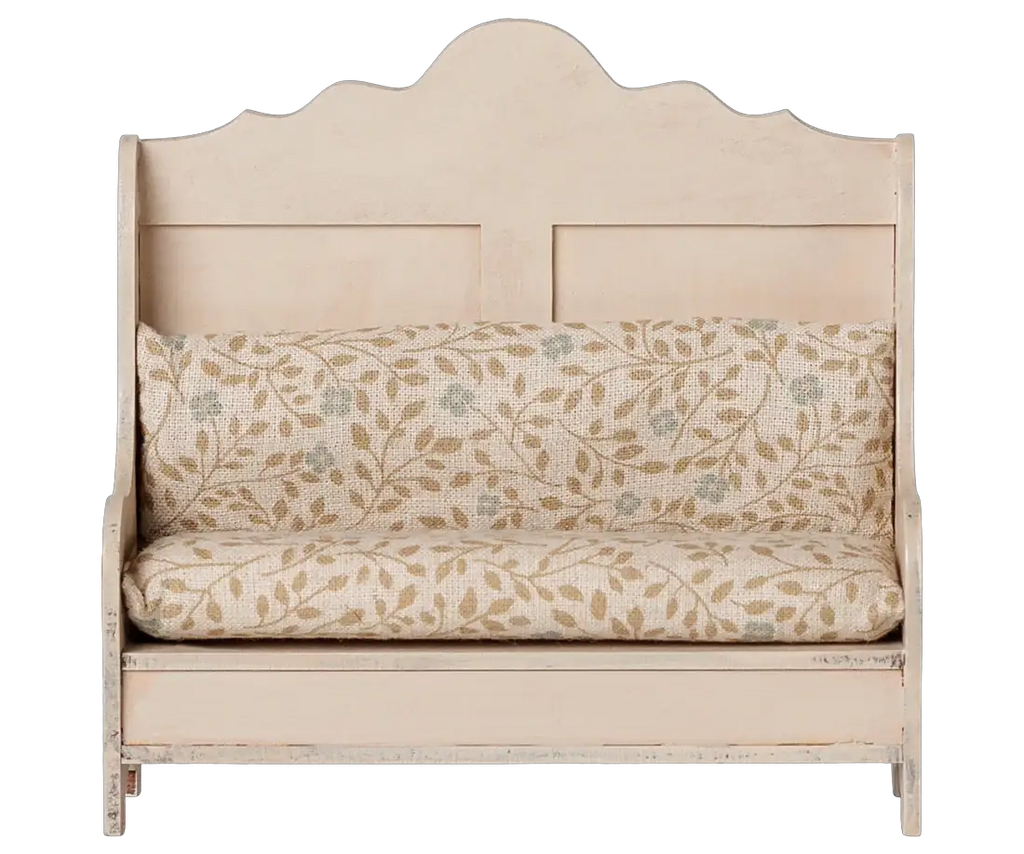 MAILEG banquette wooden dollhouse sofa in light sand with beige leaf-pattern cushions Citron Grenadine