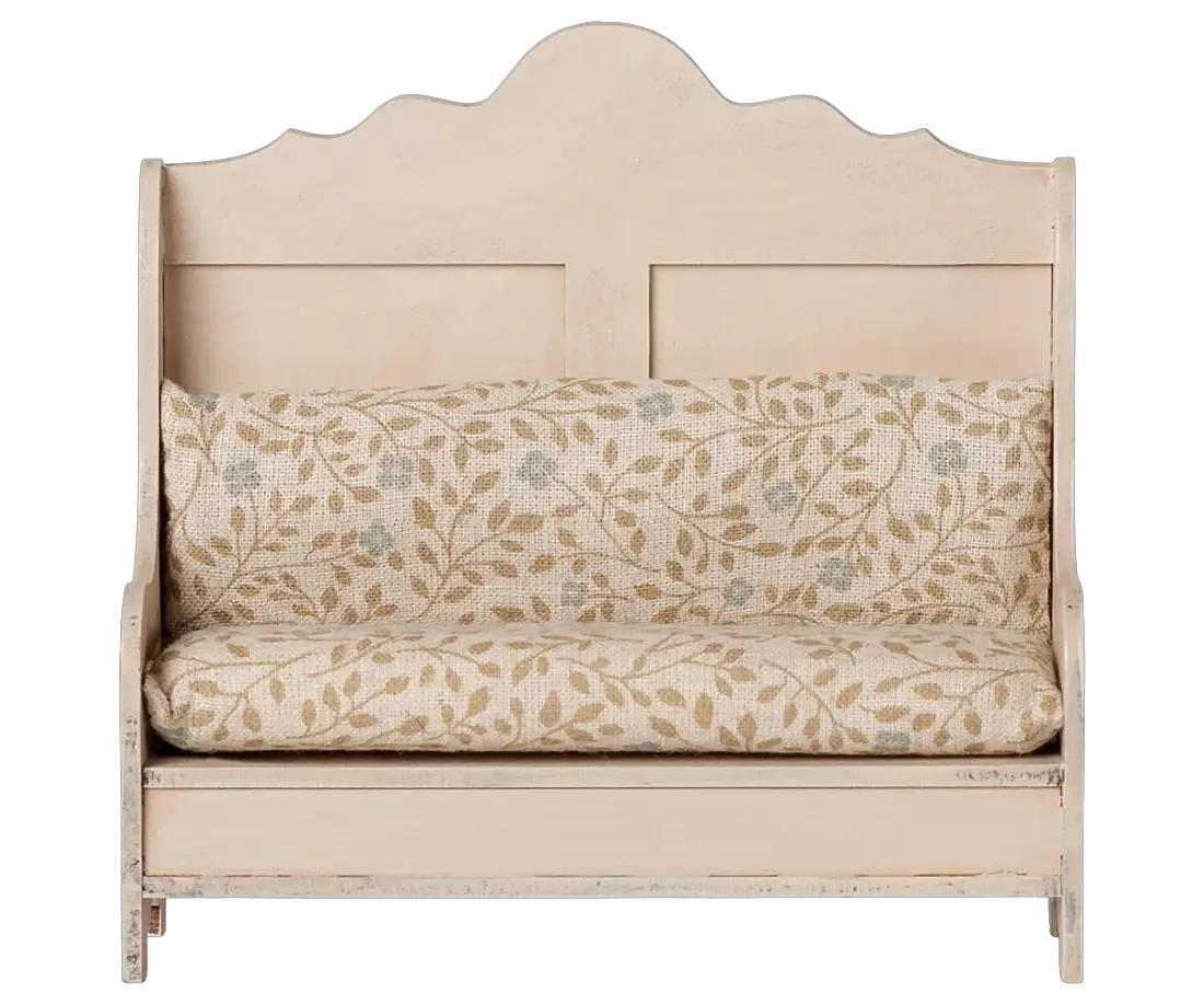 MAILEG banquette wooden dollhouse sofa in light sand with beige leaf-pattern cushions Citron Grenadine