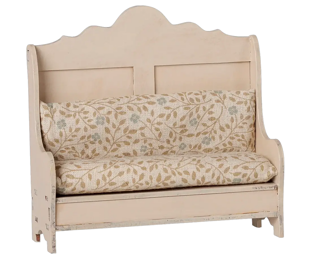 MAILEG banquette for dollhouse in light sand with floral beige cushions