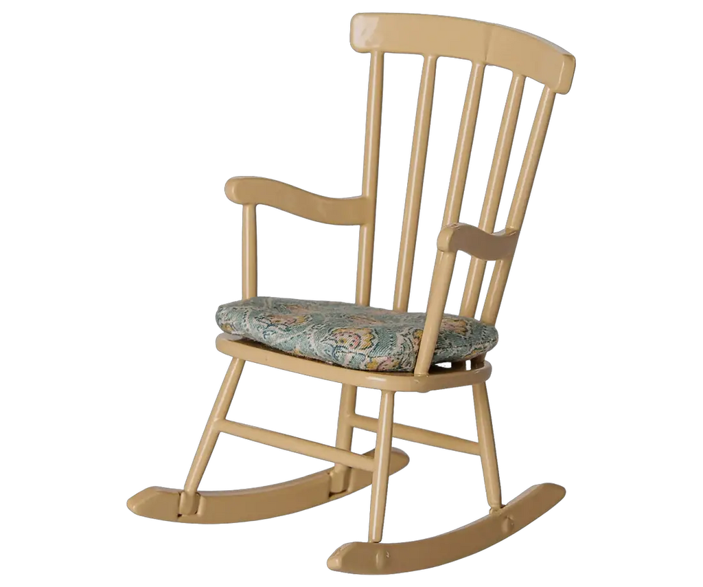 Dollhouse rocking chair in beige wood with a teal floral cushion.