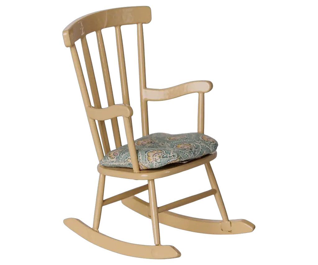 MAILEG dollhouse rocking chair in beige wood with a patterned cushion