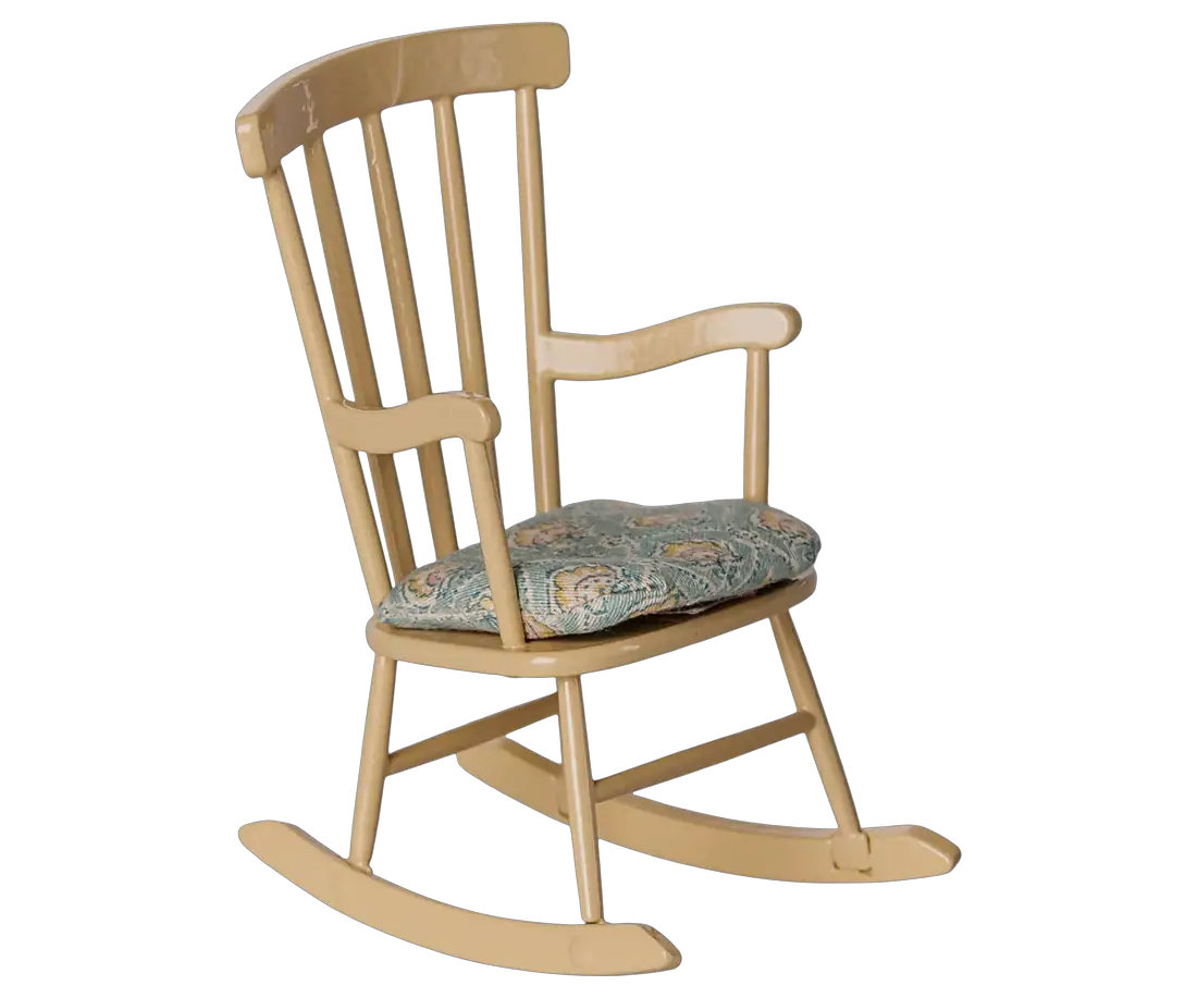 MAILEG dollhouse rocking chair in beige wood with a patterned cushion