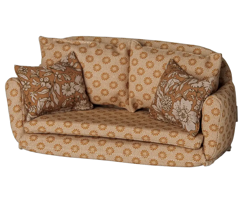 MAILEG canapé-lit L pour maisons de poupées, sofa miniature en ocre à motif floral avec 4 coussins assortis