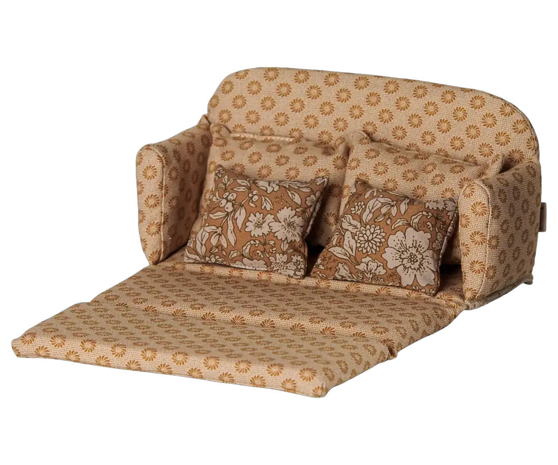 Canapé-lit L en tissu ocre pour maisons de poupées, coussins décoratifs à motifs floraux