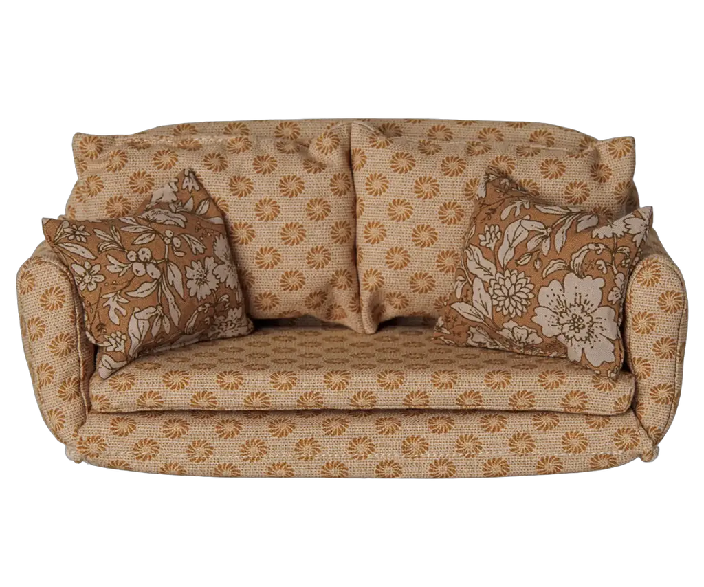MAILEG canapé-lit L en ocre pour maisons de poupées, tissu à motifs floraux et deux coussins