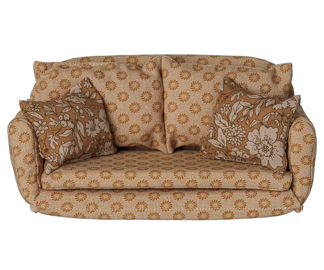 MAILEG canapé-lit L en ocre pour maisons de poupées, tissu à motifs floraux et deux coussins