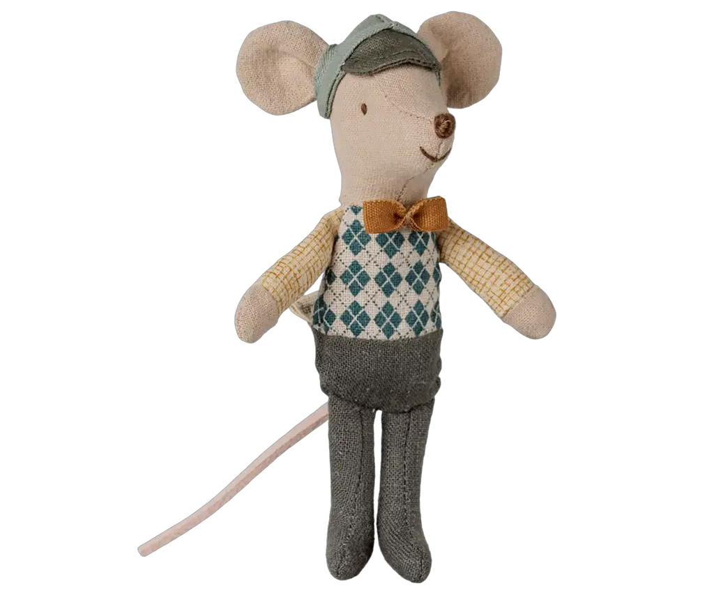 Poupée MAILEG conducteur/petit frère, Citron Grenadine, souris beige en tissu avec veste argyle et nœud orange